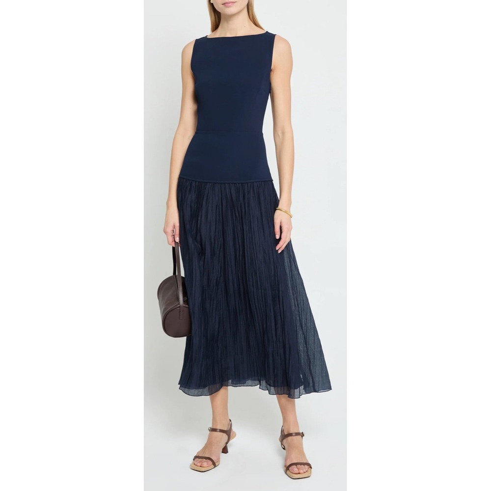 Few Moda Kourt Navy Blue Sleeveless Mixed Media Pleated Midi Dress Size 0 NWT